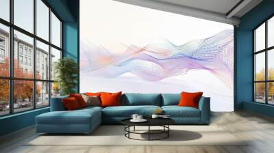 A digital illustration of a white background with an abstract wave pattern made from small colorful dots. Wall mural