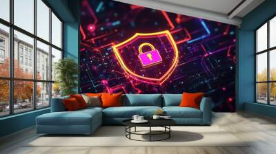 A digital shield with an illuminated padlock symbol, glowing in neon colors against the dark background. Wall mural