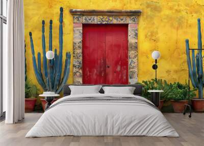 A red door with cactus plants near a yellow cottage. Generated by artificial intelligence. Wall mural