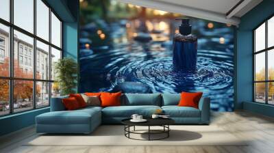 A shampoo, standing on the black stone on the water surface. Wall mural