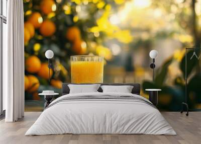 A transparent glass with orange juice in it, the glass is on a table in an orange garden. Wall mural