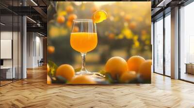 A transparent glass with orange juice in it, the glass is on a table in an orange garden. Wall mural