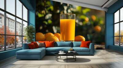 A transparent glass with orange juice in it, the glass is on a table in an orange garden. Wall mural