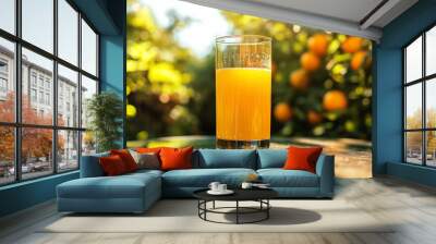 A transparent glass with orange juice in it, the glass is on a table in an orange garden. Wall mural