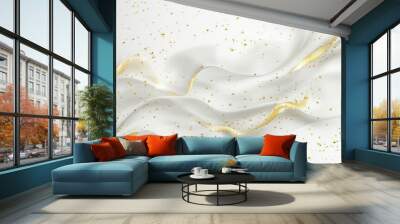 A white waves with golden glittering dots. The gold shimmering particles, luxury,  background, sparkling effect, gold sprinkles, wavelike pattern. Generated by artificial intelligence. Wall mural