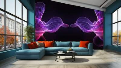 Abstract symmetrical digital art with two large purple wavy shapes on a black background. Wall mural