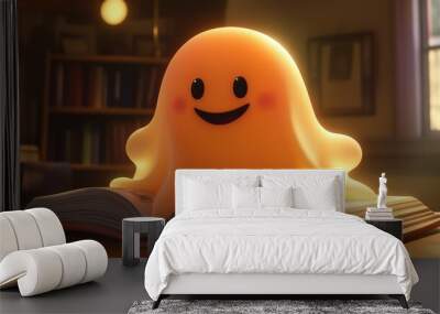 An orange ghost with large black eyes and mouth sitting on top of an open book. Wall mural