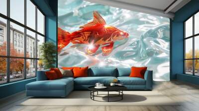 Big red fish on the sparkling white water. Beautiful curves, sunlight, light and shadow, natural light. Generated by artificial intelligence.	 Wall mural