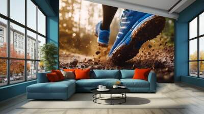 Close up of blue running shoes on the mountain trail, with brown mud and rocks in motion blur. Wall mural