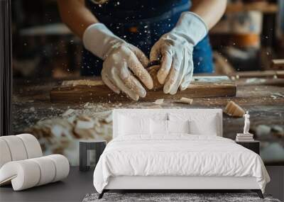 Close-up of hands kneading dough with flour dust flying around on a dark kitchen table. Wall mural