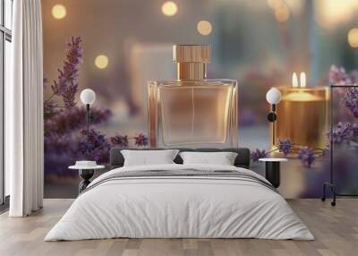 Elegant square glass perfume bottle, placed on a table surrounded by lavender sprigs. Wall mural