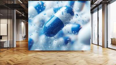 Falling blue white medicine pills capsules on white background. Wall mural