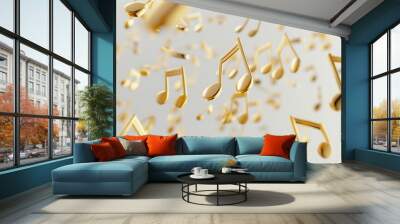 Golden music notes flying in the air against a white background, rendered in 3D. Wall mural