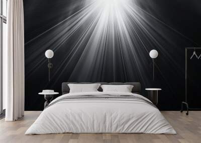 One directional light rays at center on a flat black background, texture. Wall mural