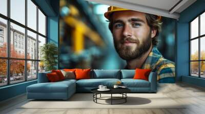 Portrait of a smiling worker in a hard hat looking at the camera against a blurred background. Wall mural