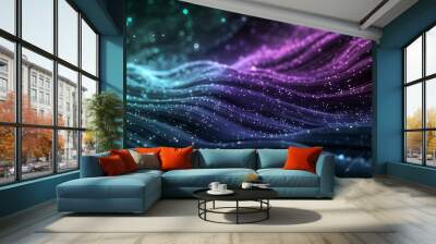 Purple, green and blue space waves and stars on the dark background. Wall mural