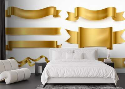 Set of gold banner label ribbons with white background. Generated by artificial intelligence. Wall mural