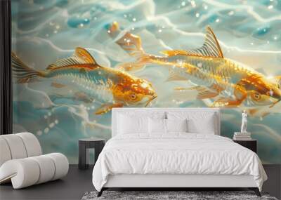 Two golden fish on the sparkling white water. Beautiful curves, sunlight, light and shadow, natural light. Generated by artificial intelligence. Wall mural