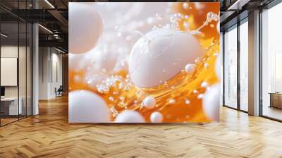 White spheres and soft orange liquid in the foreground. Wall mural