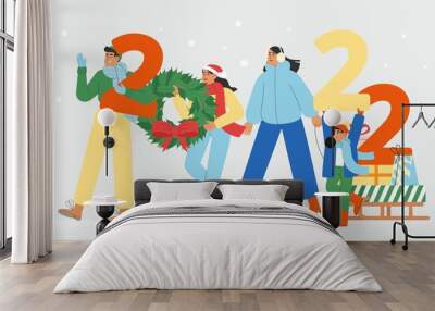 Concept of Christmas and New Year celebrations. Flat vector illustration with happy people holding numbers 2022. Secret Santa or a party with friends or colleagues or family. Wall mural