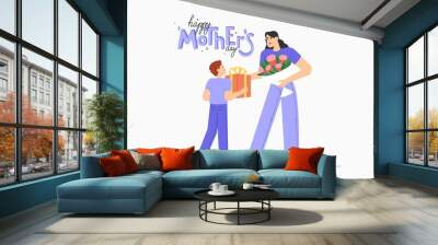 Happy mother's day. Son congratulates mom and gives her a bouquet of flowers and gift. 
 Wall mural