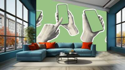 Kit of hands with a smartphone. Scrapbooking halftone cutout collage. Contemporary elements in a retro pop art style. Empty phone screen for design.	 Wall mural