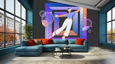 Metaverse entertainment. Flat vector illustration with woman wearing virtual reality glasses and VR headsets, interacting and exploring a virtual world. Concept of future innovations. Wall mural