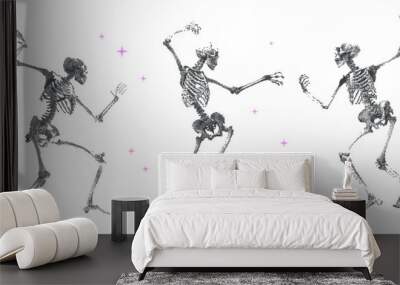 Retro Surreal Dancing Skeletons with a photocopy effect in a futurism style. Dotted elements with halftone stipple effect for poster art or t-shirt. Contemporary vector illustration. Wall mural