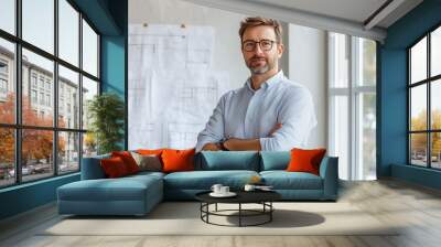 A confident male architect stands in front of blueprints and architectural drawings. Wall mural