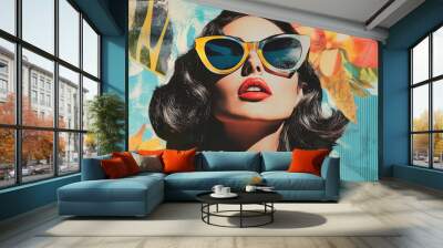 A fashion model with sunglasses and retro hairstyle, surrounded by colorful collage art in the background. Wall mural