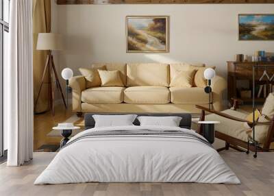 8. Modern furniture and framing. Sunlit windows, ivory or brown sofas and ivory-colored rooms. Wall mural