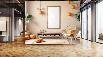 Light brown walls and sofa with pumpkin display concept room design. View of modern scandinavian style interior with artwork mock up on wall. Wall mural