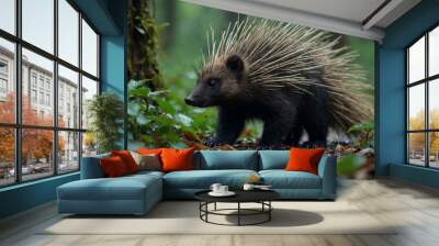 Close up of a porcupine walking through the forest. Wildlife photography with focus on animal with spines. Wall mural