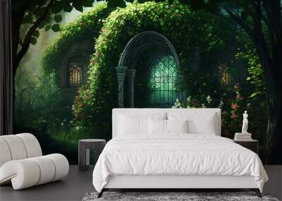 Green garden with flowers and sunlight. Generative AI. Wall mural