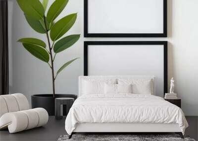 A minimalistic decor scene featuring two empty black frames and a potted plant on a wooden surface against a light wall Wall mural