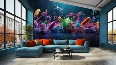 A vibrant, colorful depiction of various microorganisms, showcasing a vivid microcosm filled with bacteria and viruses against a dark background Wall mural