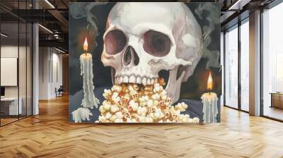 A whimsical illustration featuring a skull pouring popcorn flanked by two candles creating a quirky contrast between macabre and playful Wall mural