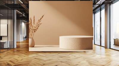 Circular podium with sand texture, warm tones, organic skincare focus, 3D illustration Wall mural