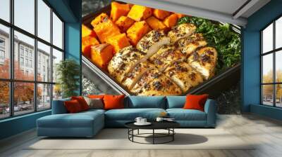 Herb-seasoned chicken with roasted sweet potatoes and sautéed spinach in a meal prep container Wall mural