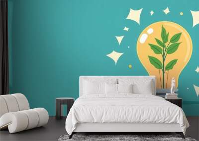 Illustration of a glowing light bulb with a plant inside, symbolizing growth, sustainability, and eco-conscious innovation Wall mural