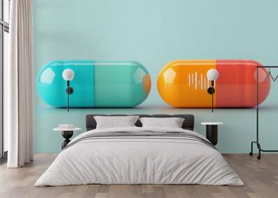 Two colorful capsules one turquoise and one orange are displayed against a soft blue background showcasing their glossy finishes and distinct designs Wall mural