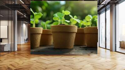 Young plant seedlings growing in biodegradable pots in sunlight Wall mural