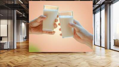 two hands clinking milk glasses, coral studio background, Wall mural