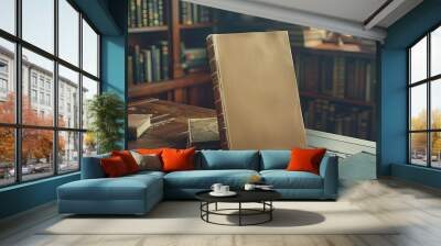 A blank book cover mockup placed on a rustic wooden table in a library Wall mural