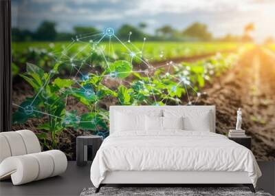 A network of smart agriculture sensors monitoring soil moisture and crop health Wall mural