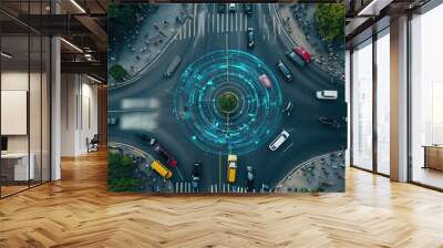 A smart city traffic management system with vehicles and traffic lights connected Wall mural