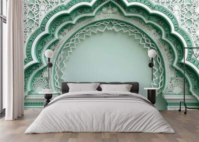 Luxurious Arabic background with stylish white and green patterns and ornate arch frame Wall mural