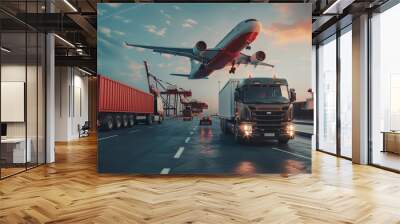 The logistic service concept of shipment of goods by sea, by land, and by air, with a cargo ship, a truck, and an airplane transporting goods. Generative AI technology Wall mural