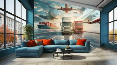 The logistic service concept of shipment of goods by sea, by land, and by air, with a cargo ship, a truck, and an airplane transporting goods. Generative AI technology Wall mural