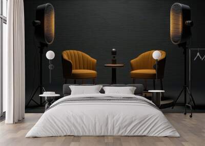 A microphone and two chairs are next to each other in front of a black background. Wall mural